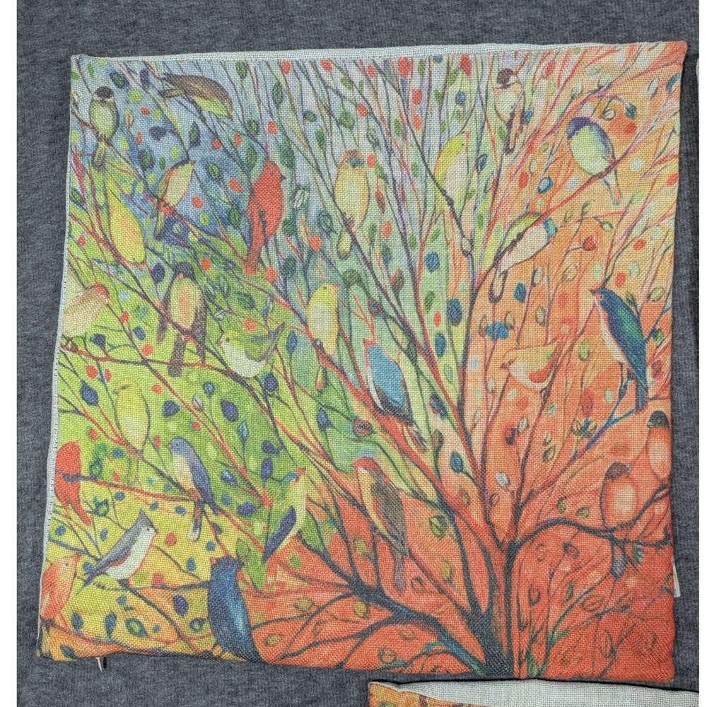 Set of 3 Throw Pillow Covers Burlap Birds Coloful 17"x17" Zipper Closing - Picture 4 of 8